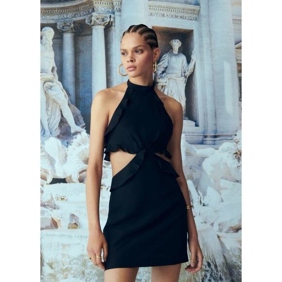 Mango Elegant Black Linen Blend Cut-Out Halter Mini Dress Medium - Picture 1 of 11